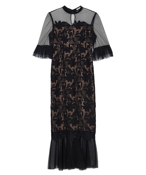 LEJA】フラワーレースドットストーンチュールIラインワンピースドレス