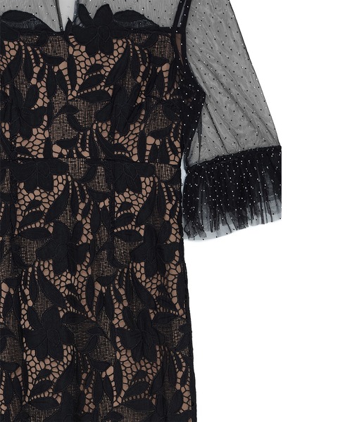 LEJA】フラワーレースドットストーンチュールIラインワンピースドレス
