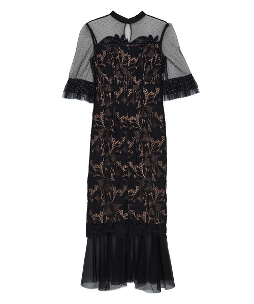 LEJA】フラワーレースドットストーンチュールIラインワンピースドレス