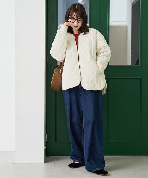 coen（コーエン）の「ノーカラー撥水キルティングブルゾン オーバーサイズ（ノーカラージャケット・レディース・ブラック/オリーブ/オフホワイト/ダークブラウン・M/L）」の11枚目の写真