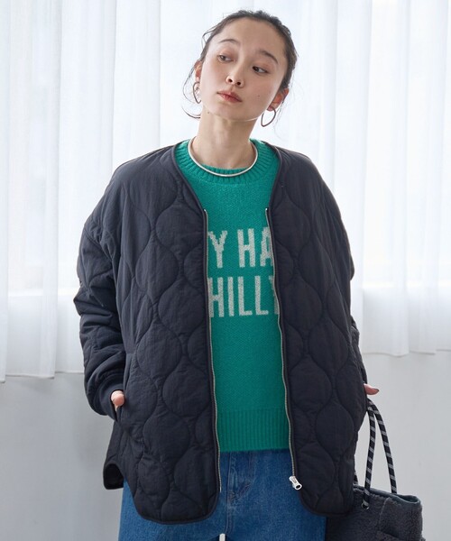 coen（コーエン）の「ノーカラー撥水キルティングブルゾン オーバーサイズ（ノーカラージャケット・レディース・ブラック/オリーブ/オフホワイト/ダークブラウン・M/L）」の16枚目の写真