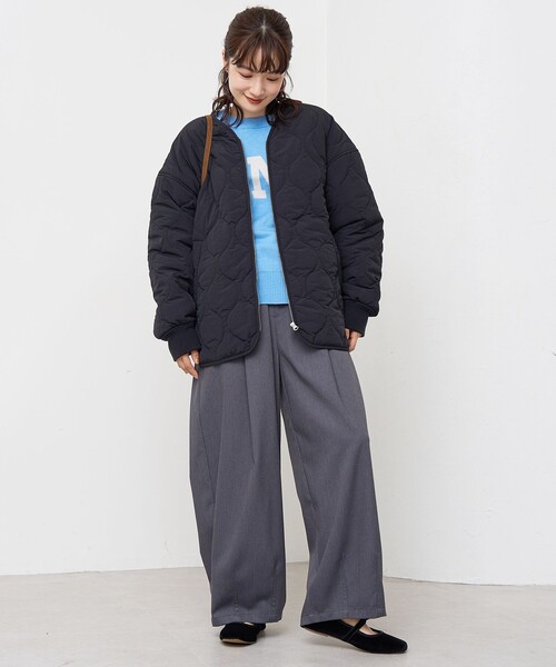 coen（コーエン）の「ノーカラー撥水キルティングブルゾン オーバーサイズ（ノーカラージャケット・レディース・ブラック/オリーブ/オフホワイト/ダークブラウン・M/L）」の19枚目の写真