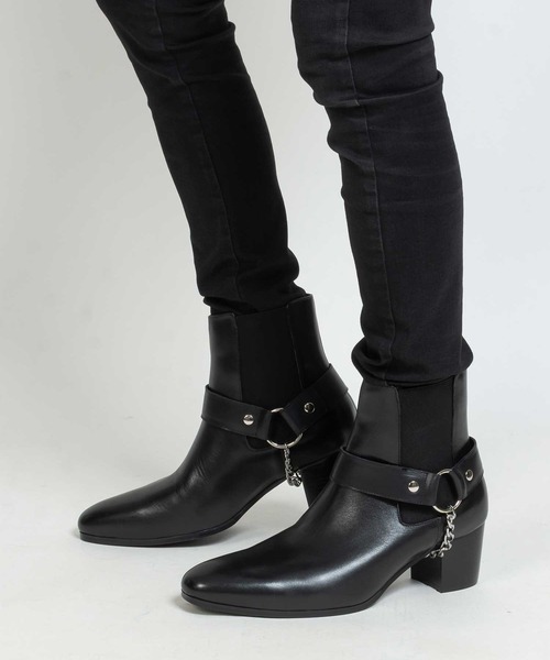 サイドゴア レザー リングブーツ / チェーン ハイヒール（ブーツ