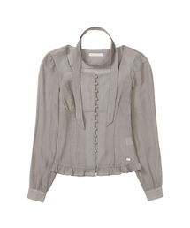 リボンタイスクエアネックロングブラウスグレー