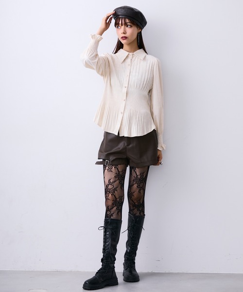 MONOe(モノエ)の「チャイナ柄プリーツマットシャツ(シャツ/ブラウス・レディース・ホワイト/ブラック/カーキ・FREE)」の15枚目の写真