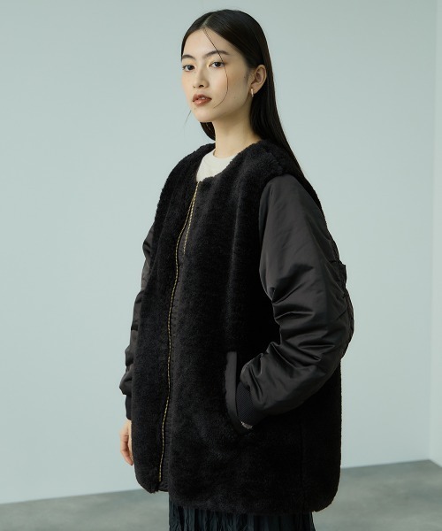 VICKY（ビッキー）の「ボア切替ノーカラーミドルコート（ノーカラーコート・レディース・ブラック/カーキ・M）」の10枚目の写真