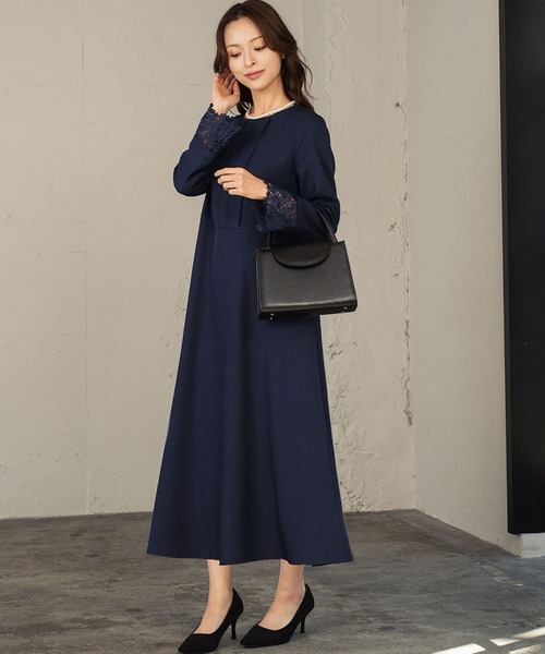 Flolia(フロリア)の「【喪服・礼服】フォーマルワンピース 長袖 Aライン ロング丈 セレモニー 卒業式 卒園式 入学式 入園式 ブラックフォーマル オケージョン 七五三 ママ 母親 マタニティ 妊婦【洗える】(ワンピース・レディース・ネイビー/ブラック・L/2L/S/M)」の5枚目の写真