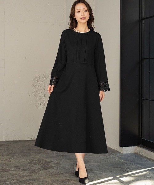 セール】【喪服・礼服】フォーマルワンピース 長袖 Aライン ロング丈