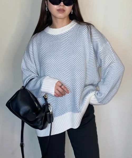 ikka（イッカ）の「【お得だ値】ヘリンボン柄ニットプルオーバー（ニット/セーター・レディース・サックスブルー/ブラウン系その他/チャコール/ライム・S/M/L）」の4枚目の写真