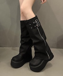 レザー調 ダブル ベルト カバー風 ロングブーツ
