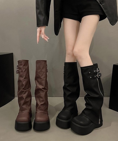 Lace Ladies(レースレディース)の「レザー調 ダブル ベルト カバー風 ロングブーツ(ブーツ・レディース・ブラック/ブラウン・23.5cm/24cm/22.5cm/23cm/25cm/24.5cm)」の5枚目の写真