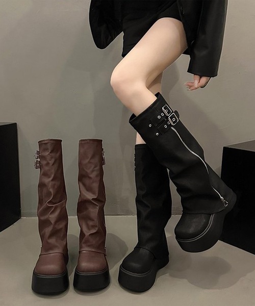 Lace Ladies(レースレディース)の「レザー調 ダブル ベルト カバー風 ロングブーツ(ブーツ・レディース・ブラック/ブラウン・23.5cm/24cm/22.5cm/23cm/25cm/24.5cm)」の6枚目の写真
