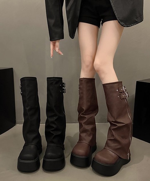 Lace Ladies(レースレディース)の「レザー調 ダブル ベルト カバー風 ロングブーツ(ブーツ・レディース・ブラック/ブラウン・23.5cm/24cm/22.5cm/23cm/25cm/24.5cm)」の11枚目の写真