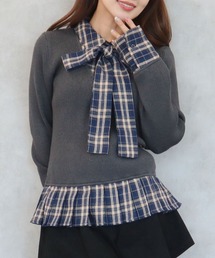 ニットｘチェックプリーツ棒タイ付きチュニック