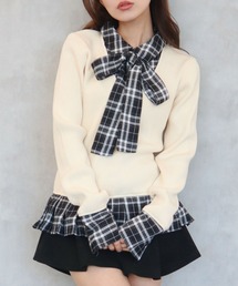 CECIL McBEE | ニットxチェックプリーツ棒タイ付きチュニック(ニット/セーター)