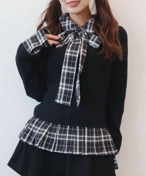 CECIL McBEE（セシルマクビー）の「ニットｘチェックプリーツ棒タイ付きチュニック（ニット/セーター・レディース・ベージュ/グレー/アイボリー/ブラック・MEDIUM）」の2枚目の写真