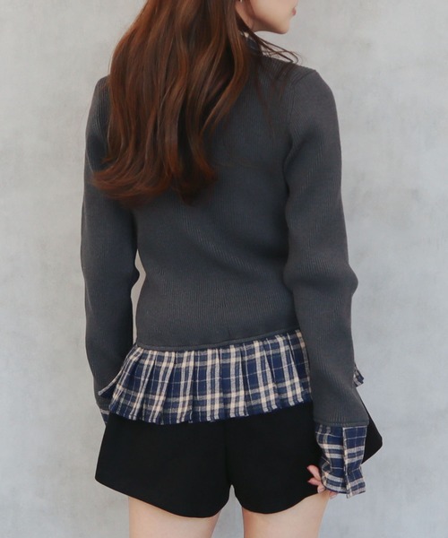 CECIL McBEE（セシルマクビー）の「ニットｘチェックプリーツ棒タイ付きチュニック（ニット/セーター・レディース・ベージュ/グレー/アイボリー/ブラック・MEDIUM）」の7枚目の写真