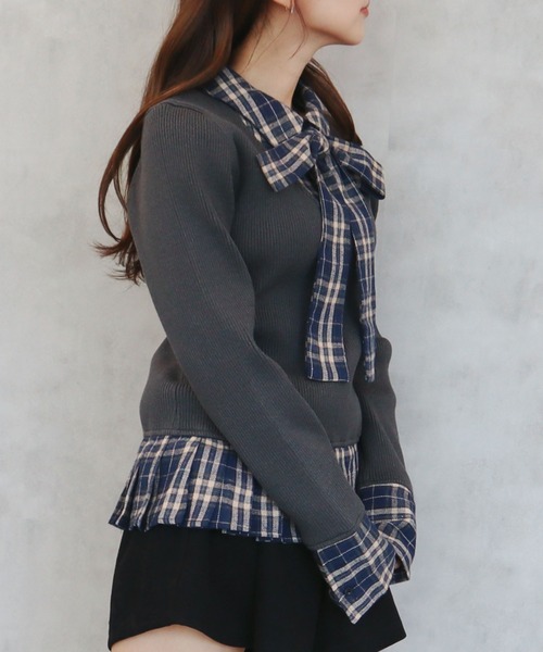 CECIL McBEE（セシルマクビー）の「ニットｘチェックプリーツ棒タイ付きチュニック（ニット/セーター・レディース・ベージュ/グレー/アイボリー/ブラック・MEDIUM）」の8枚目の写真