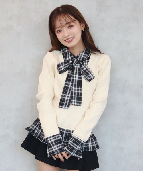 CECIL McBEE（セシルマクビー）の「ニットｘチェックプリーツ棒タイ付きチュニック（ニット/セーター・レディース・ベージュ/グレー/アイボリー/ブラック・MEDIUM）」の9枚目の写真