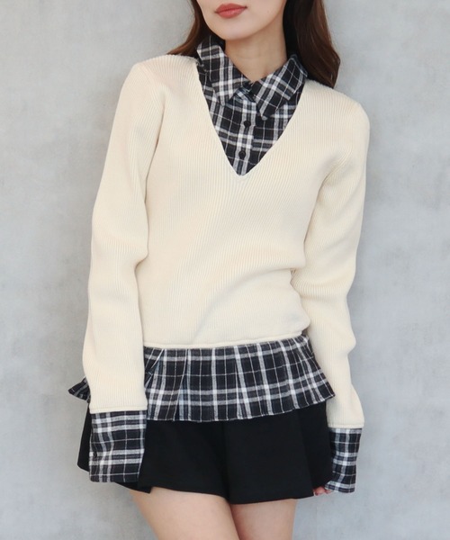 CECIL McBEE（セシルマクビー）の「ニットｘチェックプリーツ棒タイ付きチュニック（ニット/セーター・レディース・ベージュ/グレー/アイボリー/ブラック・MEDIUM）」の10枚目の写真