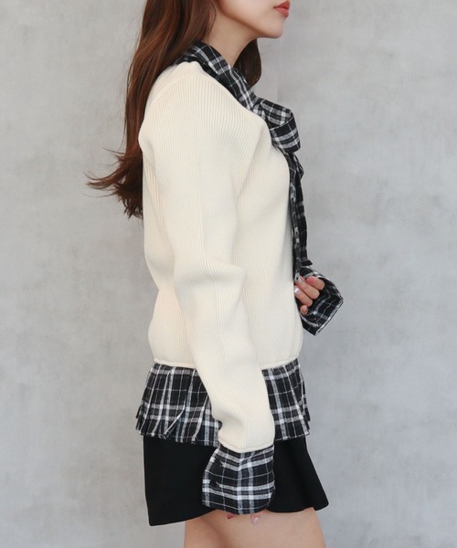 CECIL McBEE（セシルマクビー）の「ニットｘチェックプリーツ棒タイ付きチュニック（ニット/セーター・レディース・ベージュ/グレー/アイボリー/ブラック・MEDIUM）」の13枚目の写真