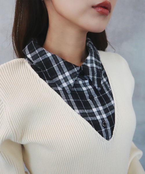 CECIL McBEE（セシルマクビー）の「ニットｘチェックプリーツ棒タイ付きチュニック（ニット/セーター・レディース・ベージュ/グレー/アイボリー/ブラック・MEDIUM）」の15枚目の写真