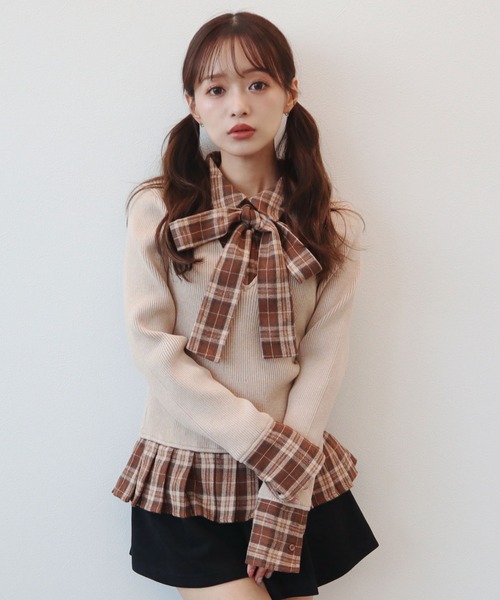 CECIL McBEE（セシルマクビー）の「ニットｘチェックプリーツ棒タイ付きチュニック（ニット/セーター・レディース・ベージュ/グレー/アイボリー/ブラック・MEDIUM）」の18枚目の写真