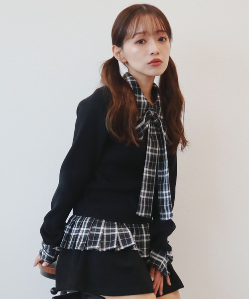 CECIL McBEE（セシルマクビー）の「ニットｘチェックプリーツ棒タイ付きチュニック（ニット/セーター・レディース・ベージュ/グレー/アイボリー/ブラック・MEDIUM）」の22枚目の写真