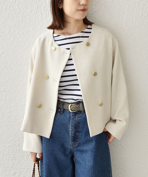 SHIPS Colors(シップス カラーズ)の「SHIPS Colors:〈手洗い可能〉ポリエステル/リネン スラブ ノーカラー ジャケット◇(ノーカラージャケット・レディース・オフホワイト/ネイビー・ONE SIZE)」の18枚目の写真
