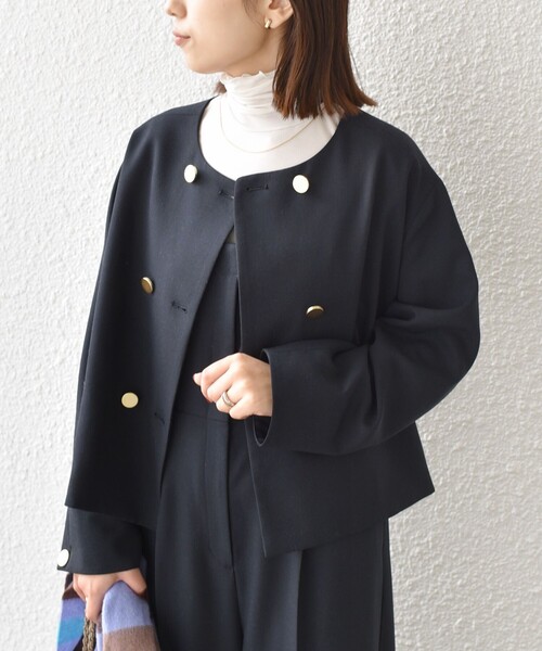 新品★シビラ★ブラック　軽量　ノーカラージャケット　ポリエステル 手洗い可 SHIPS Colors:〈手洗い可能〉ポリエステル/リネン スラブ ノーカラー