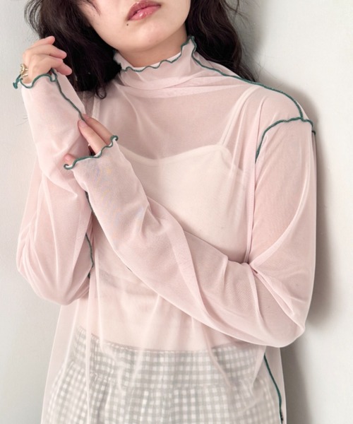 SOLLON.（ソルロン）の「パイピングシアーハイネックトップス（Tシャツ/カットソー・レディース・ライトピンク/ライトブルー/アイボリー・FREE）」の3枚目の写真