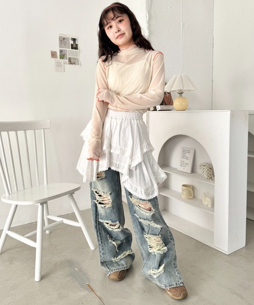 SOLLON.（ソルロン）の「パイピングシアーハイネックトップス（Tシャツ/カットソー・レディース・ライトピンク/ライトブルー/アイボリー・FREE）」の10枚目の写真