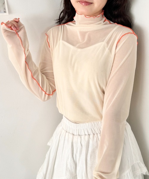 SOLLON.（ソルロン）の「パイピングシアーハイネックトップス（Tシャツ/カットソー・レディース・ライトピンク/ライトブルー/アイボリー・FREE）」の7枚目の写真