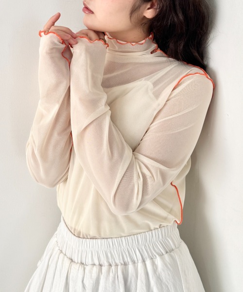 SOLLON.（ソルロン）の「パイピングシアーハイネックトップス（Tシャツ/カットソー・レディース・ライトピンク/ライトブルー/アイボリー・FREE）」の5枚目の写真