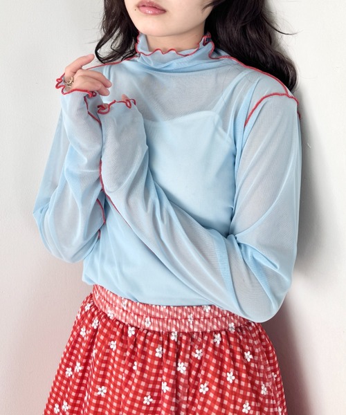 SOLLON.（ソルロン）の「パイピングシアーハイネックトップス（Tシャツ/カットソー・レディース・ライトピンク/ライトブルー/アイボリー・FREE）」の11枚目の写真