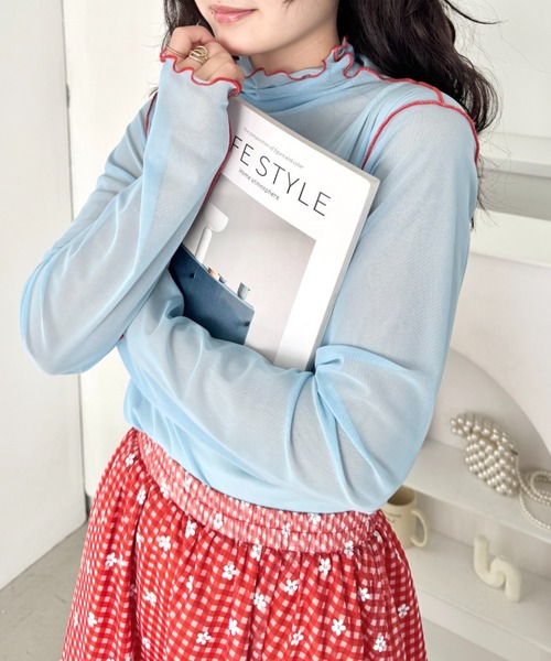 SOLLON.（ソルロン）の「パイピングシアーハイネックトップス（Tシャツ/カットソー・レディース・ライトピンク/ライトブルー/アイボリー・FREE）」の12枚目の写真