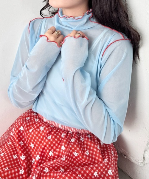 SOLLON.（ソルロン）の「パイピングシアーハイネックトップス（Tシャツ/カットソー・レディース・ライトピンク/ライトブルー/アイボリー・FREE）」の13枚目の写真