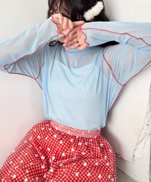 SOLLON.（ソルロン）の「パイピングシアーハイネックトップス（Tシャツ/カットソー・レディース・ライトピンク/ライトブルー/アイボリー・FREE）」の14枚目の写真