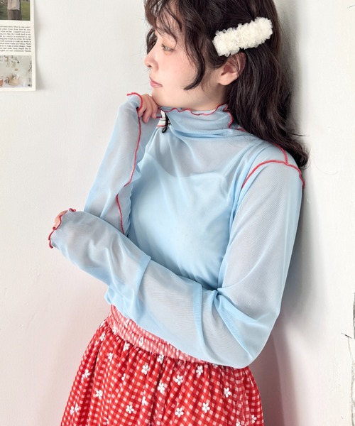 SOLLON.（ソルロン）の「パイピングシアーハイネックトップス（Tシャツ/カットソー・レディース・ライトピンク/ライトブルー/アイボリー・FREE）」の16枚目の写真