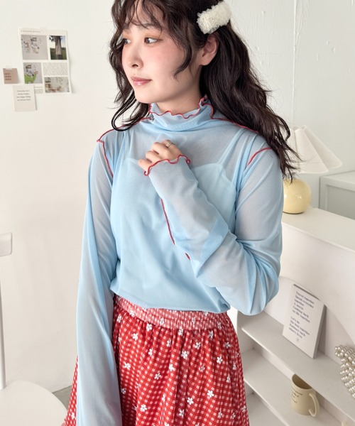 SOLLON.（ソルロン）の「パイピングシアーハイネックトップス（Tシャツ/カットソー・レディース・ライトピンク/ライトブルー/アイボリー・FREE）」の15枚目の写真