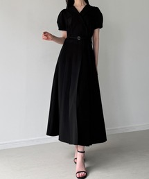 junoah（ジュノア）の「ベルト付きタックフレアノーカラーワンピース（ワンピース）」
