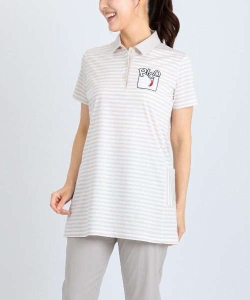 Picone CLUB(ピッコーネクラブ)の「ボーダー柄冷感ポロチュニック(ポロシャツ・レディース・ライトパープル/ネイビー/ベージュ・13号/11号/9号)」の2枚目の写真