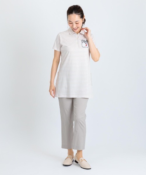 Picone CLUB(ピッコーネクラブ)の「ボーダー柄冷感ポロチュニック(ポロシャツ・レディース・ライトパープル/ネイビー/ベージュ・13号/11号/9号)」の6枚目の写真
