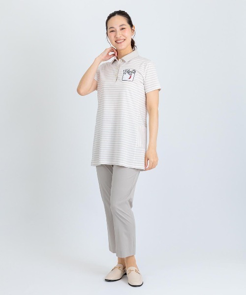 Picone CLUB(ピッコーネクラブ)の「ボーダー柄冷感ポロチュニック(ポロシャツ・レディース・ライトパープル/ネイビー/ベージュ・13号/11号/9号)」の7枚目の写真