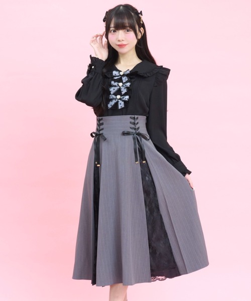 Secret Honey(シークレットハニー)の「レース切替ミディスカート(スカート・レディース・グレー/ストライプ・MEDIUM)」の1枚目の写真