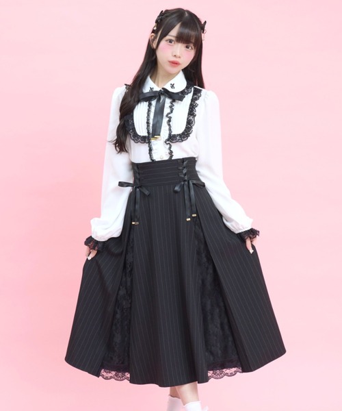 Secret Honey(シークレットハニー)の「レース切替ミディスカート(スカート・レディース・グレー/ストライプ・MEDIUM)」の2枚目の写真