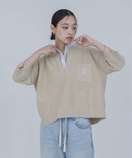 Eimee Law（エイミーロウ）の「シャツレイヤードニットトップス（ニット/セーター・レディース・ダークネイビー/アイボリー/ベージュ・FREE）」の3枚目の写真