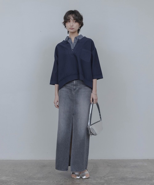 Eimee Law（エイミーロウ）の「シャツレイヤードニットトップス（ニット/セーター・レディース・ダークネイビー/アイボリー/ベージュ・FREE）」の4枚目の写真