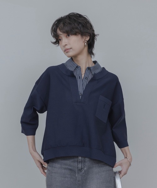 Eimee Law（エイミーロウ）の「シャツレイヤードニットトップス（ニット/セーター・レディース・ダークネイビー/アイボリー/ベージュ・FREE）」の7枚目の写真