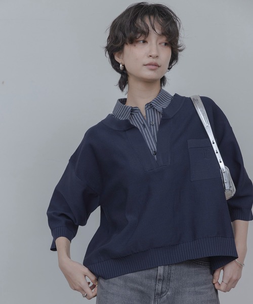 Eimee Law（エイミーロウ）の「シャツレイヤードニットトップス（ニット/セーター・レディース・ダークネイビー/アイボリー/ベージュ・FREE）」の11枚目の写真
